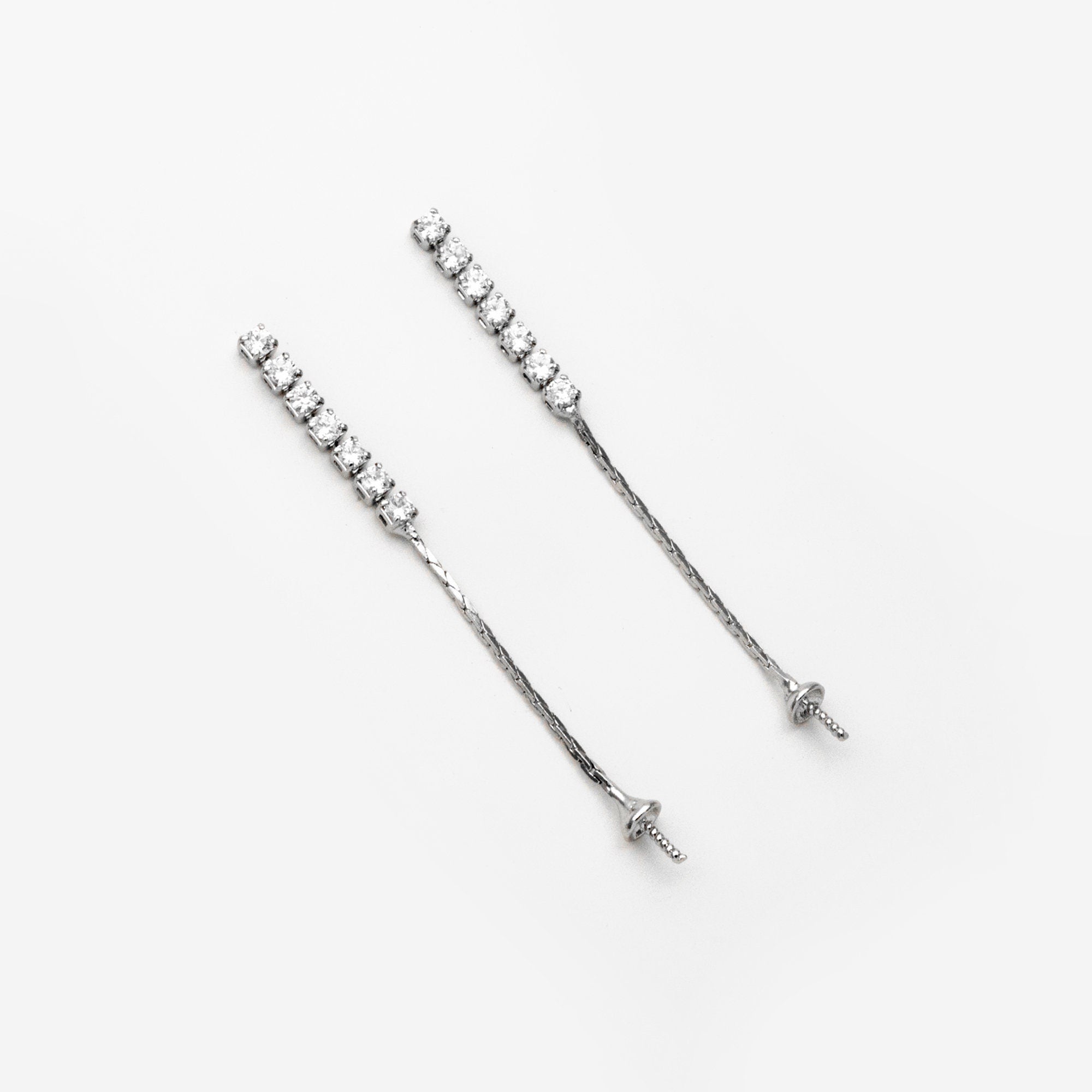 4pcs CZ Pave Gold/ Silver Chain Earring Stud, Pearl Peg Earring Mounts, Chain Stud Earrings with Peg (#GB-2983)